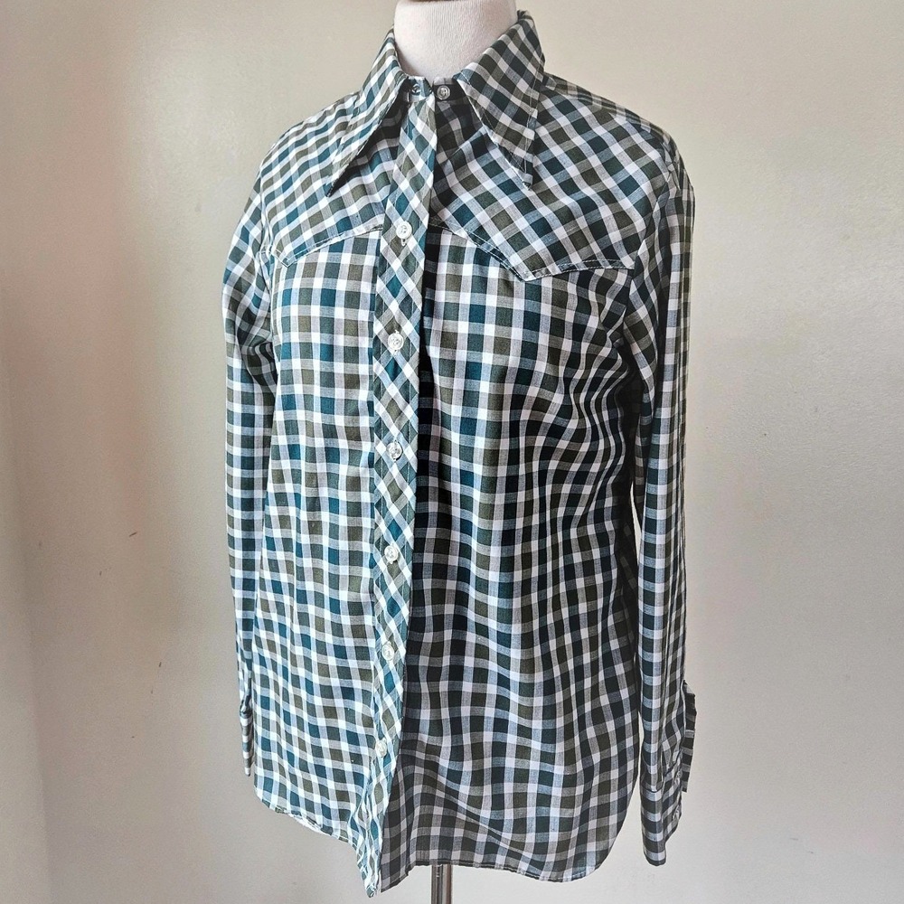 Wrangler Vintage 70s Womens Green Plaid Pearl Snap Western Rodeo Shirt L USA
